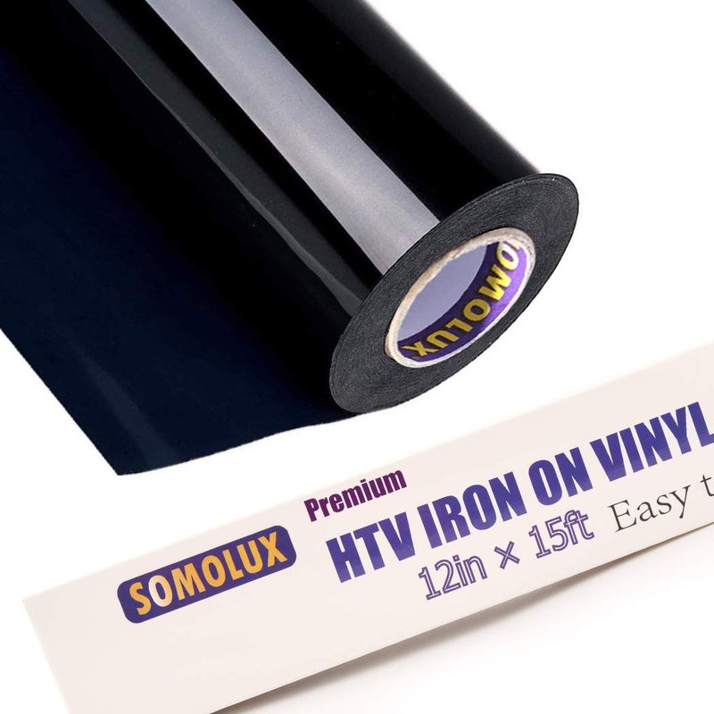 SOMOLUX HTV Matte Black Iron on Vinyl Compatible with Silhouette and Kricut Easy to Cut & Weed Iron on Heat Transfer Vinyl DIY Heat Press Design for T-Shirts 12inch x15feet Roll - Image 1